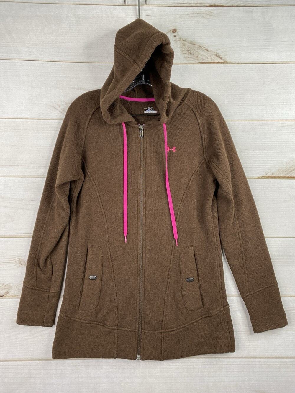 Under Armour Sweater Women M Brown Hooded Full Zip Fleece Knit Pockets Cold Gear